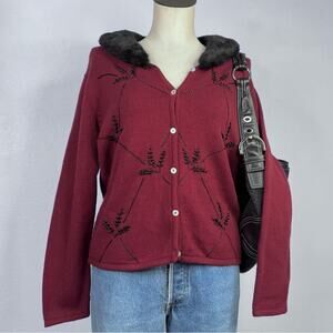Vintage Burgundy Embroidered Cardigan Sweater Faux Fur Collar Beaded Medium Pet